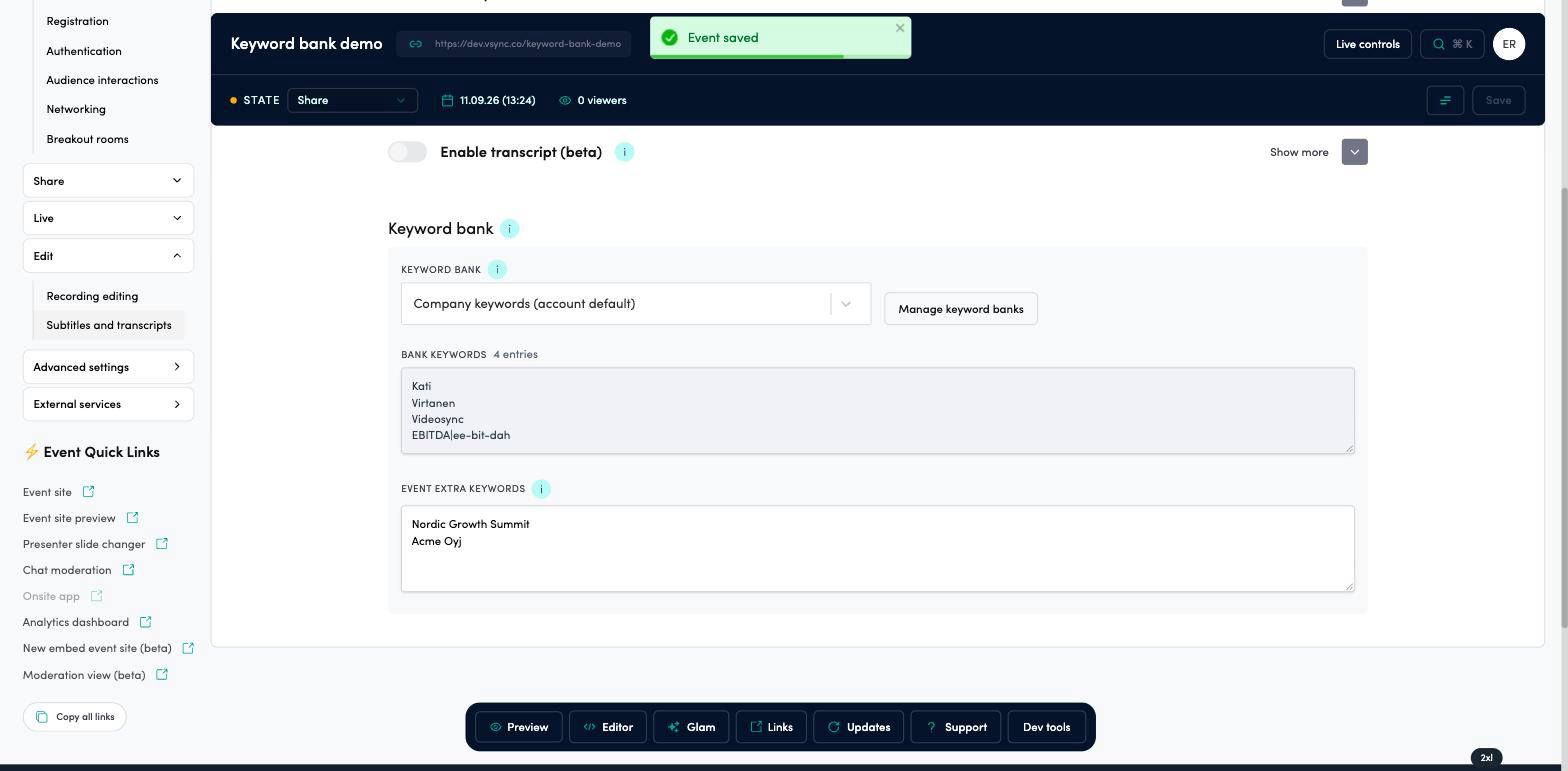 Keyword bank section in Subtitles and transcripts